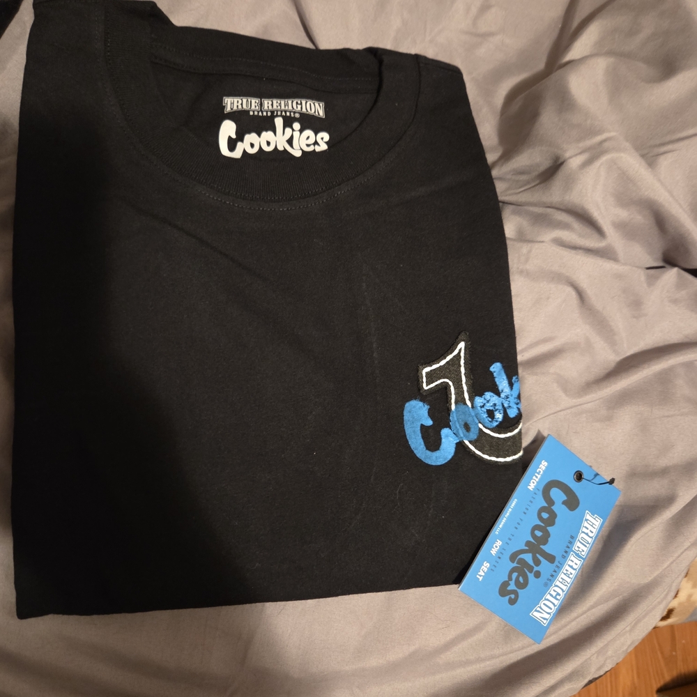 True Religion Black T-Shirt with Blue Cookies Logo